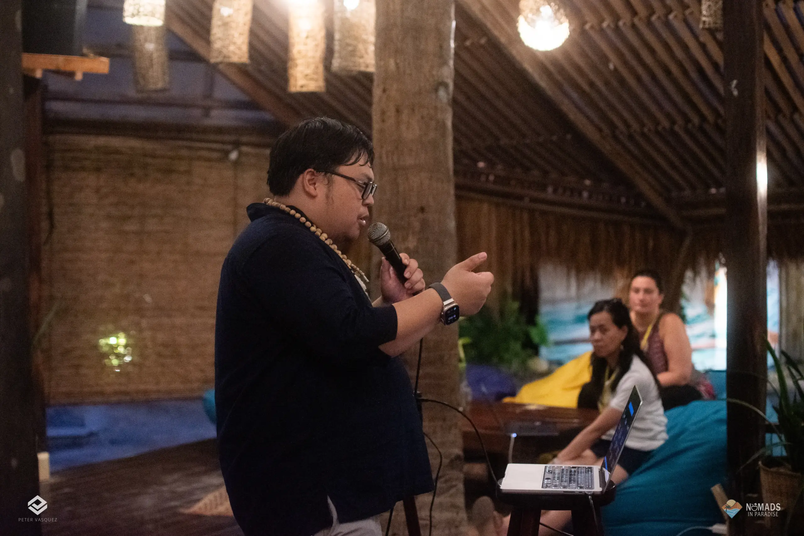 Evening workshop with speaker, microphone and laptop at Nomads in Paradise Siargao